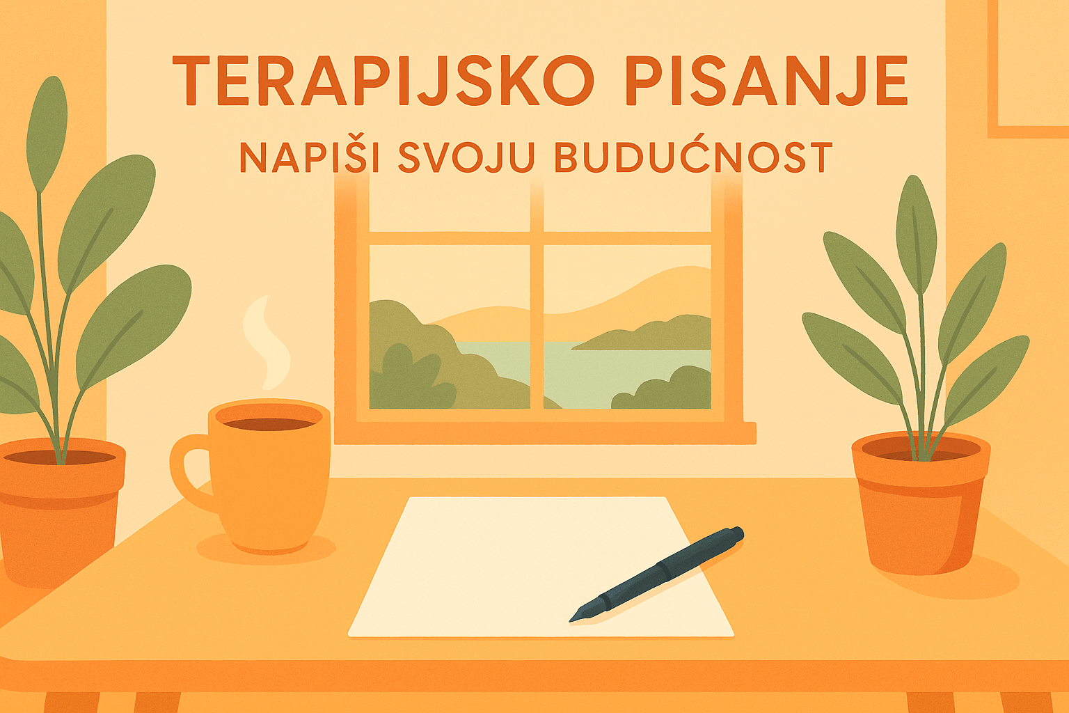 „Ilustracija stola za pisanje u toplim bojama, sa papirom, olovkom, šoljom čaja i biljkama, kroz prozor se vidi miran pejzaž; u vrhu slike piše ‘TERAPIJSKO PISANJE’, a ispod ‘NAPIŠI SVOJU BUDUĆNOST’.“